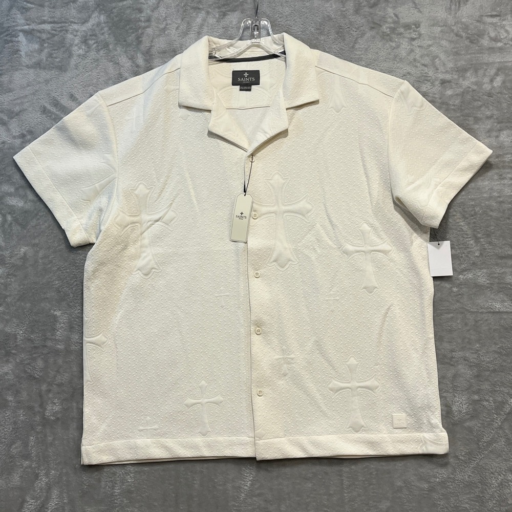 Saints Studio Button Up Mens 2XL Cream Embossed Cross Jacquard Camp Shirt